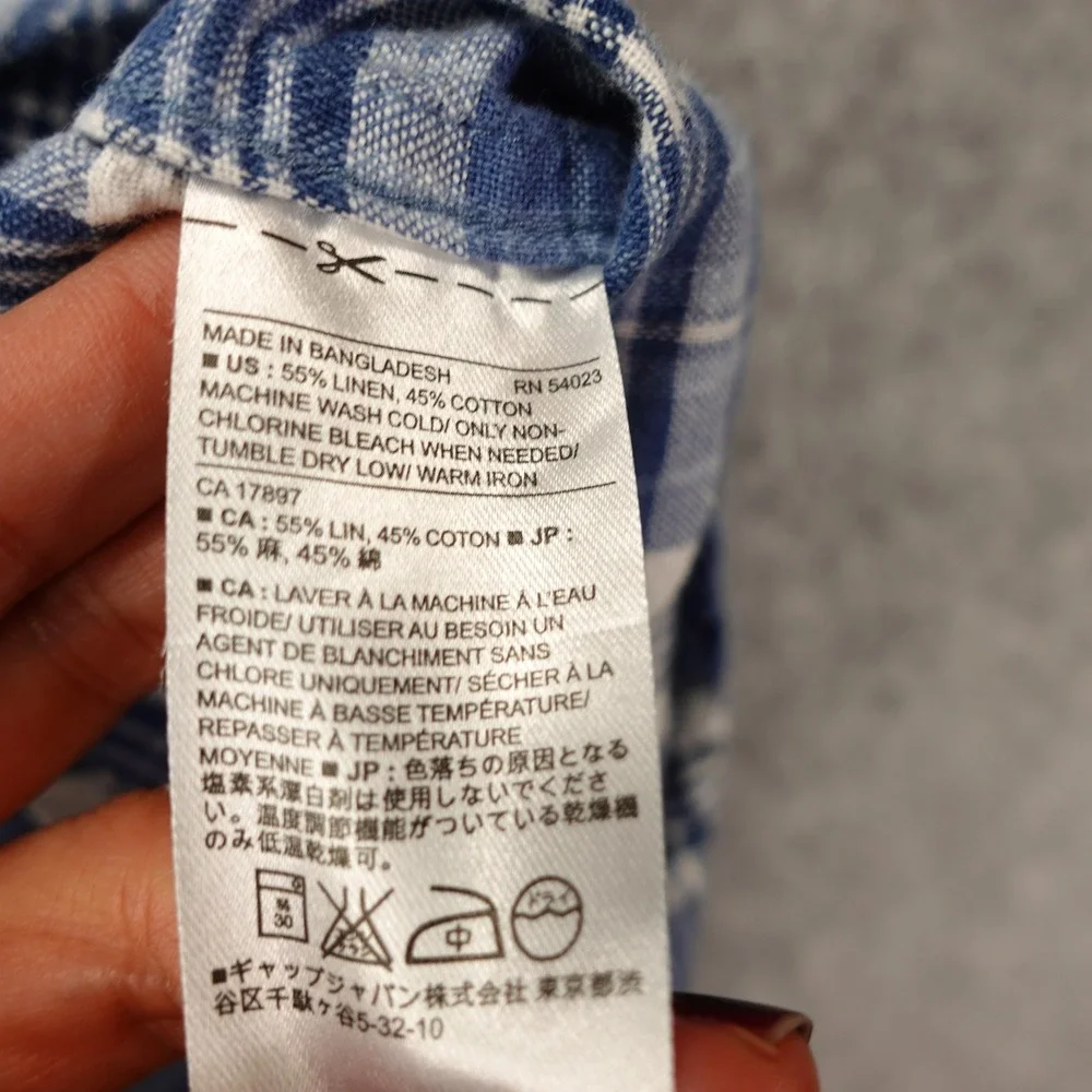 Banana Republic Linen Shirt Mens LARGE Blue Madras Plaid Slim Fit Camp Collar
